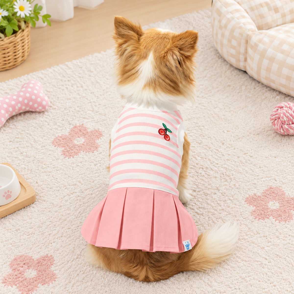 Pink Cherry Pleated Dog Dress